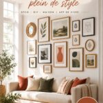 Mur de galeries stylé avec des œuvres d'art colorées et variées, créant une ambiance chaleureuse dans une pièce.