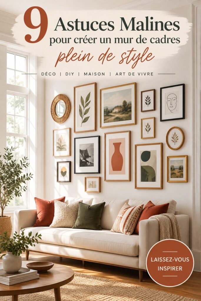 Mur de galeries stylé avec des œuvres d'art colorées et variées, créant une ambiance chaleureuse dans une pièce.