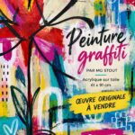 Peinture graffiti colorée sur toile, ajoutant une touche artistique à un intérieur moderne.
