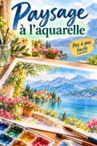 Peinture d'un paysage à l'aquarelle avec des couleurs vives et des techniques variées.