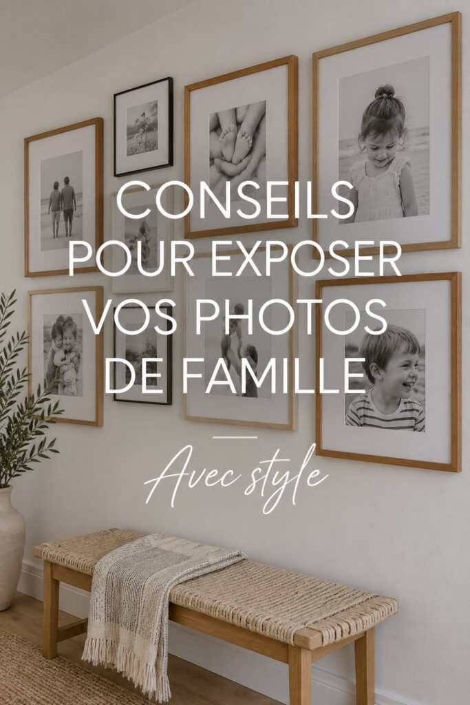 Un mur de photos de famille joliment agencées dans un salon