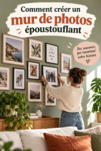 Mur de photos personnalisé avec des souvenirs et des décorations.