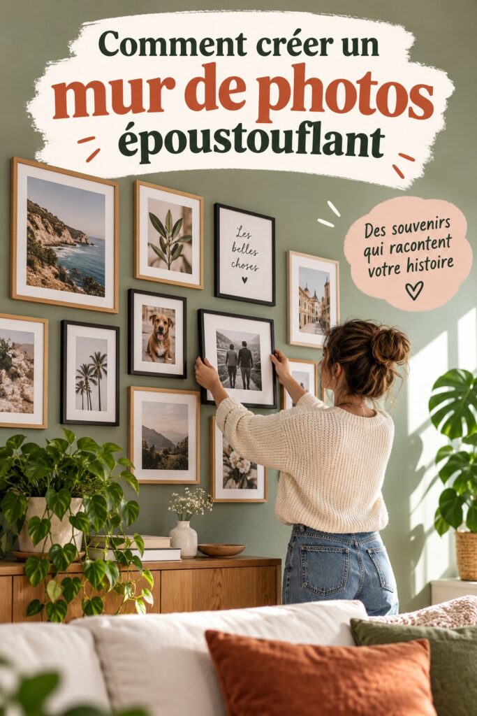 Mur de photos personnalisé avec des souvenirs et des décorations.