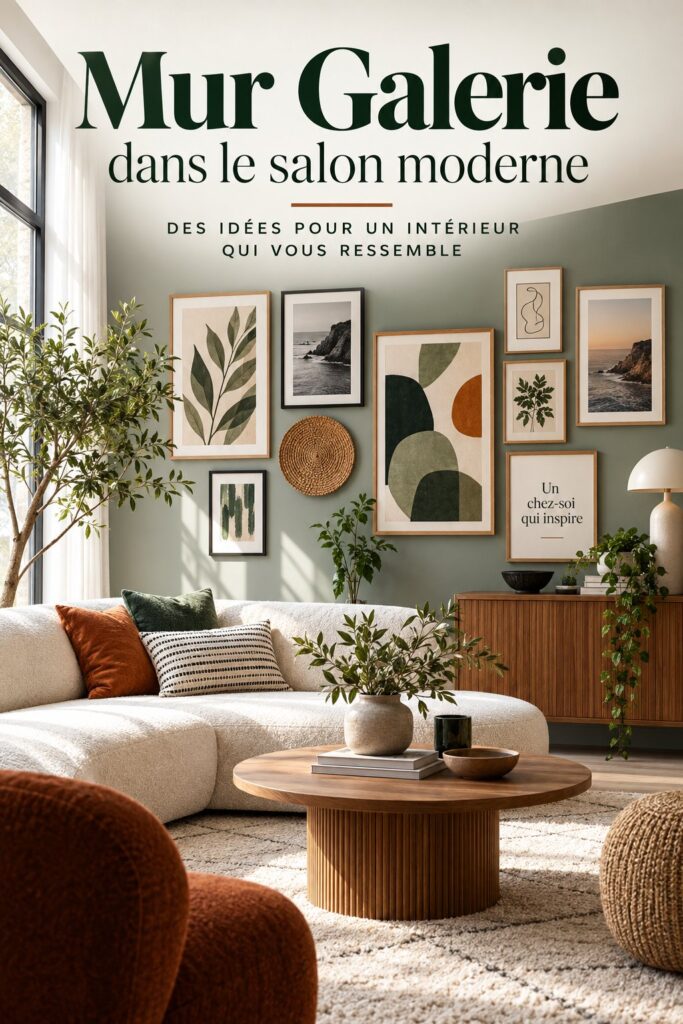 Une belle galerie murale moderne dans un salon confortable, intégrant des œuvres d'art variées.