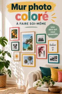 Une galerie photos colorée sur un mur accueillant avec divers cadres.