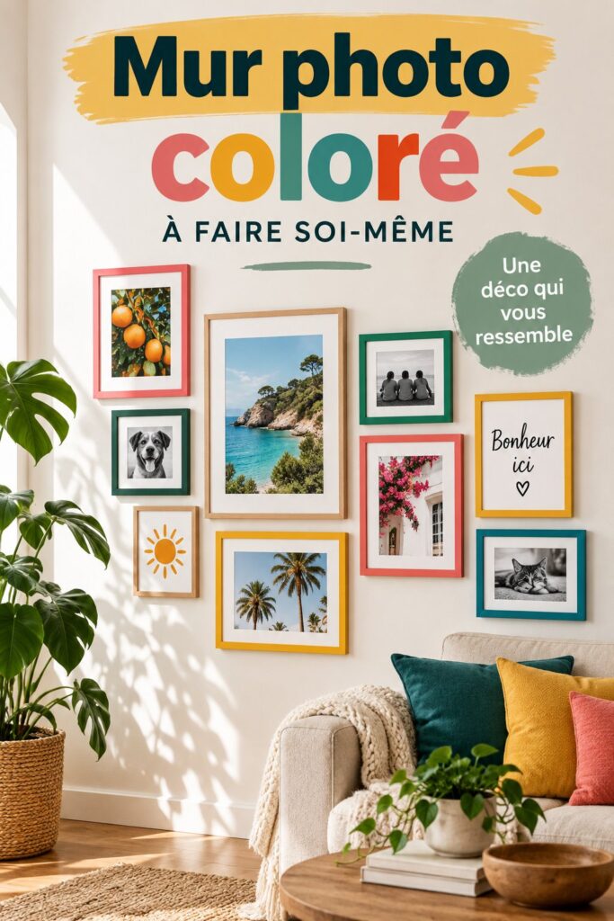 Une galerie photos colorée sur un mur accueillant avec divers cadres.