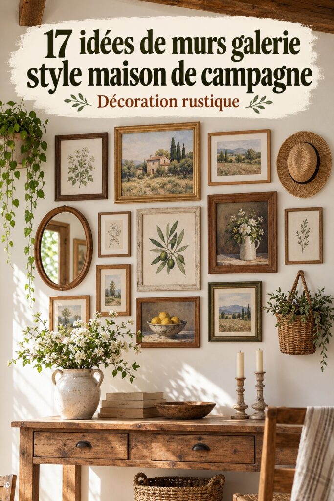 Galerie murale farmhouse avec cadres en bois et photos d'art