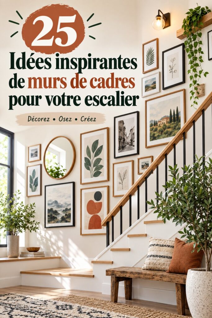 Une jolie galerie murale dans un escalier avec des cadres variés.