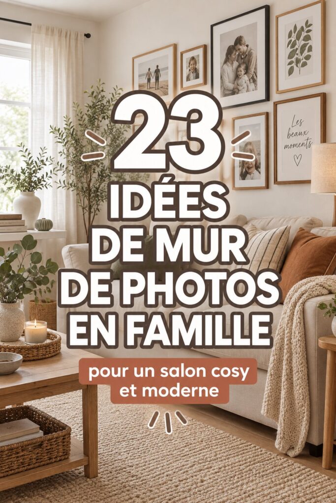 Mur de galerie familial avec photos et oeuvres d'art dans un salon moderne