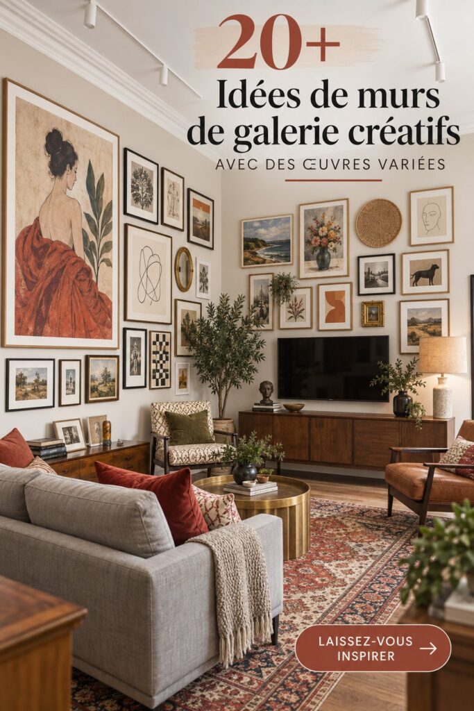 Mur de galerie mixte présentant des œuvres d'art variées dans un salon lumineux.
