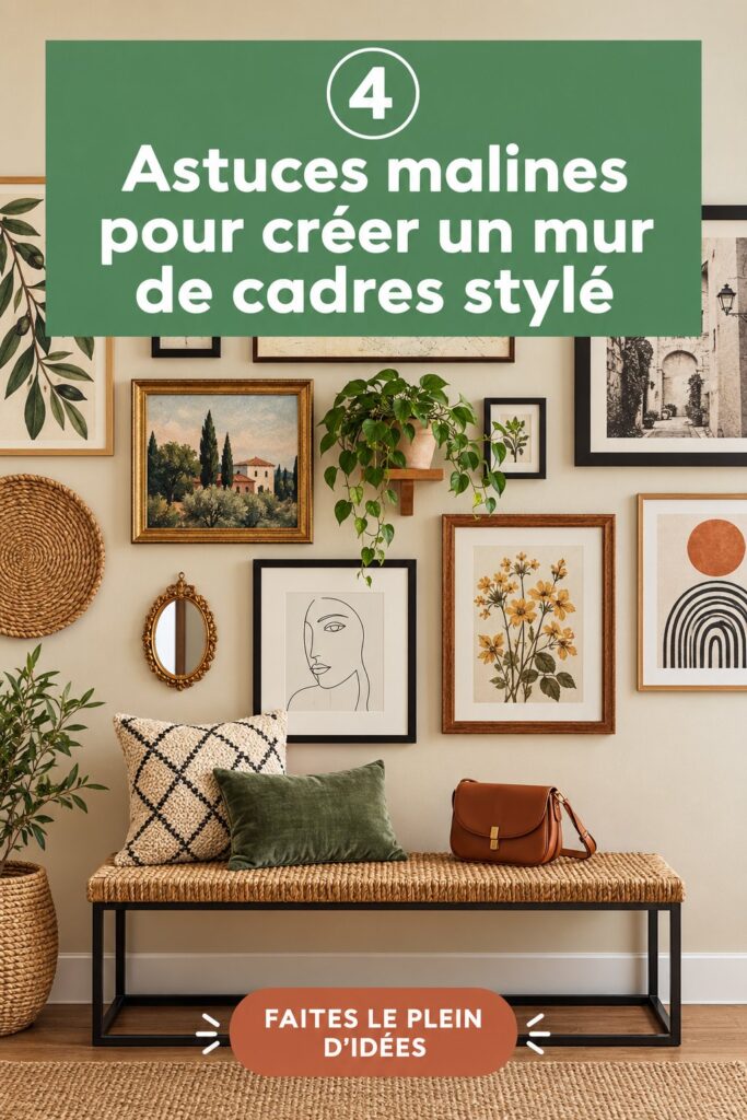 Un mur de galerie chic et artistique avec divers cadres décoratifs.