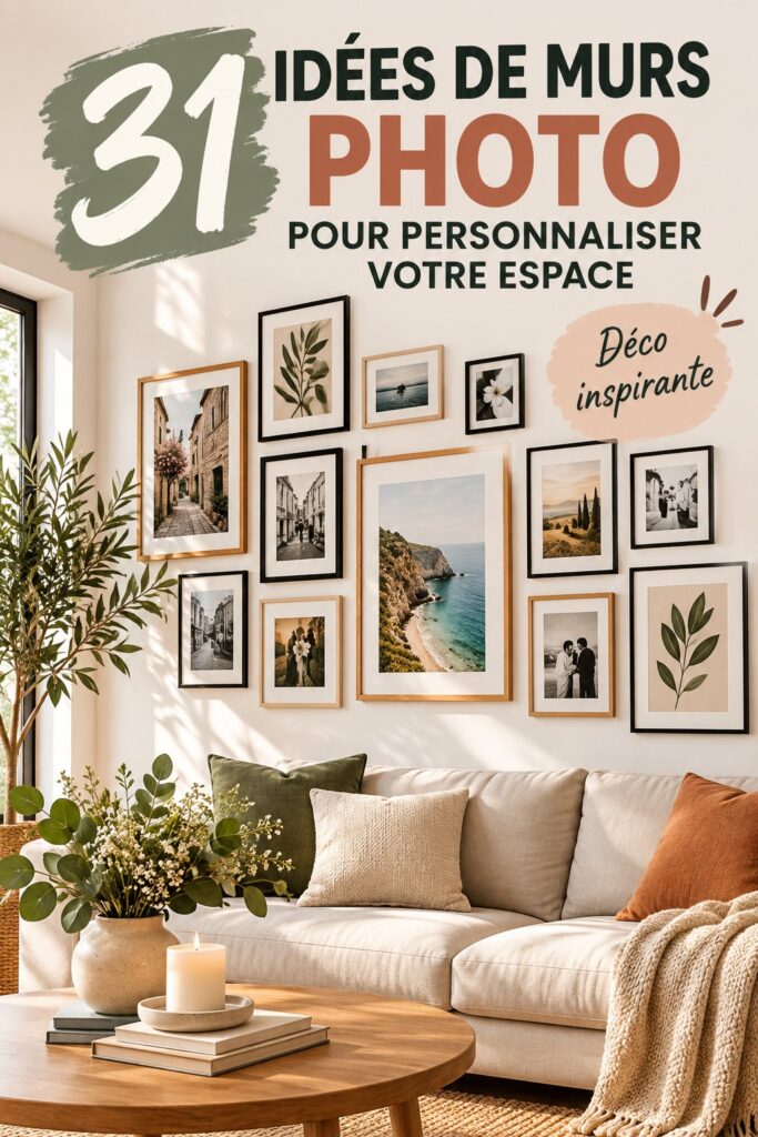 Mur photo personnalisé avec des souvenirs et des créations artistiques.