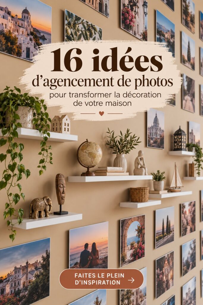 Mur de photos décoratif avec cadres en bois et souvenirs de voyage