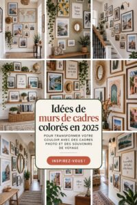 Mur de galerie coloré dans un couloir avec des photos de voyages