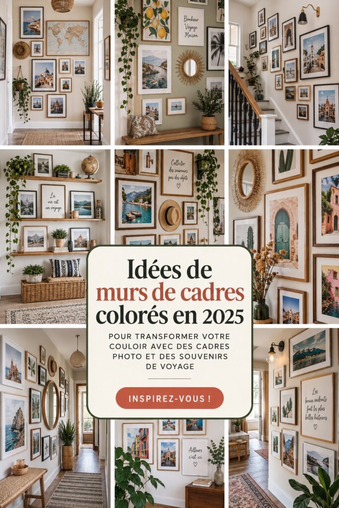 Mur de galerie coloré dans un couloir avec des photos de voyages