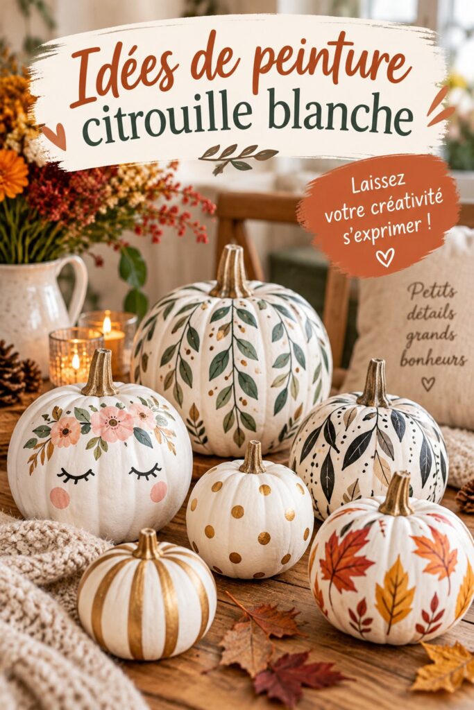 Citrouilles blanches décorées avec des motifs colorés pour des créations d'automne