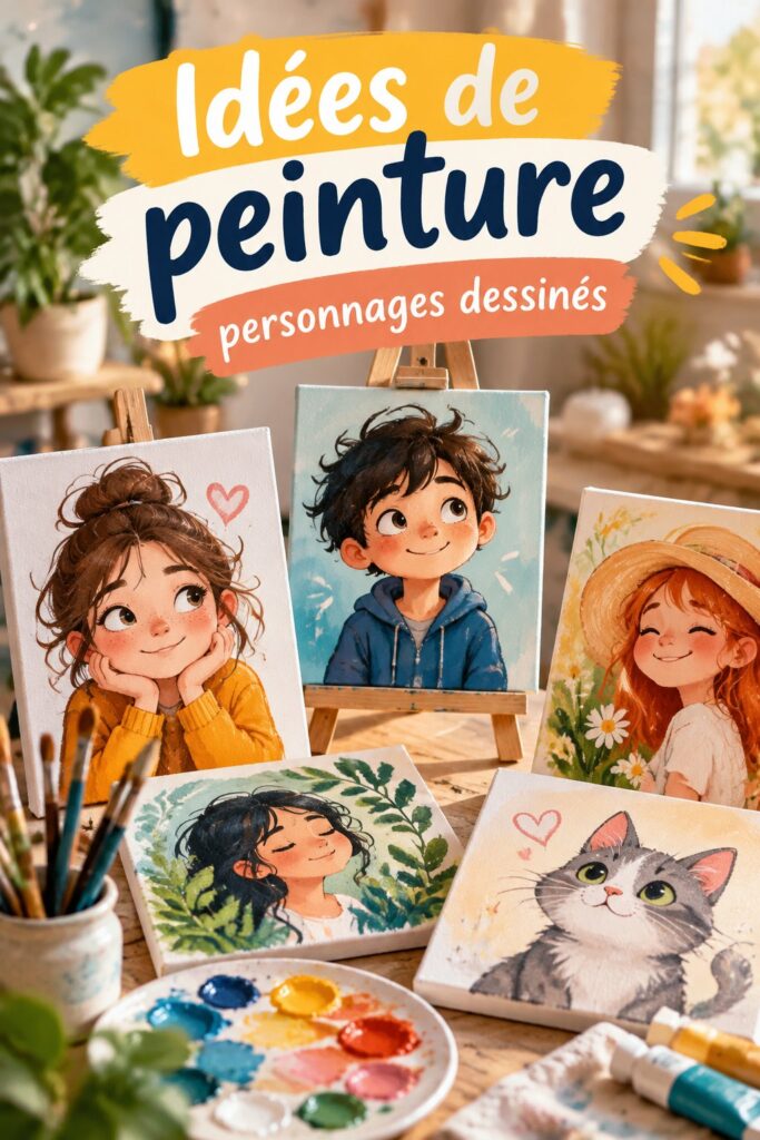 Peinture colorée de personnages dessinés sur une toile, illustrant l'expression artistique.