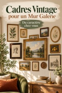 Un mur de cadres vintage avec différentes photos encadrées, décorant un intérieur chaleureux.