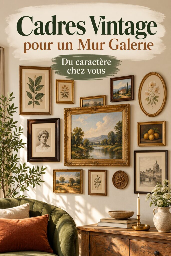 Un mur de cadres vintage avec différentes photos encadrées, décorant un intérieur chaleureux.