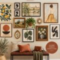 Un mur de galerie coloré et créatif illustrant diverses œuvres d'art et photos.