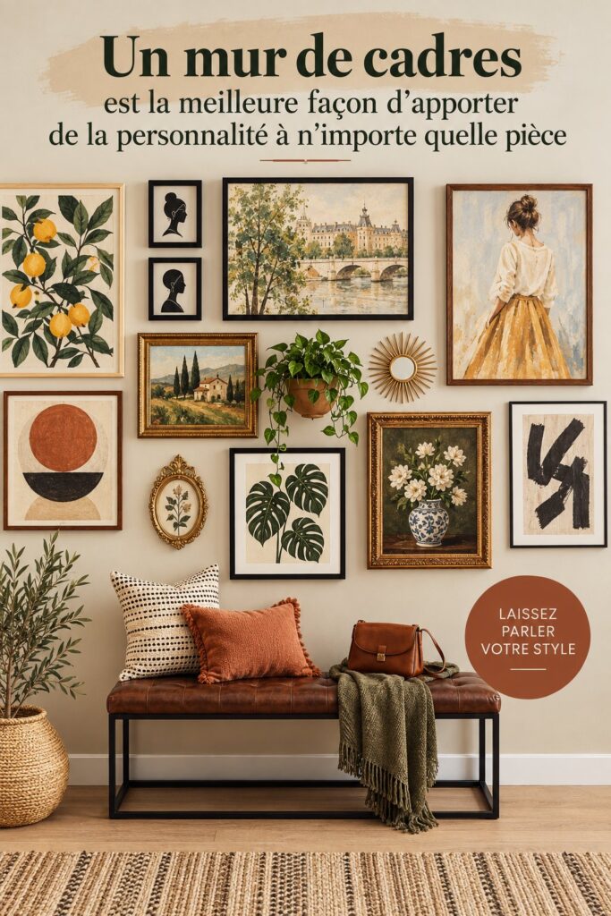 Un mur de galerie coloré et créatif illustrant diverses œuvres d'art et photos.