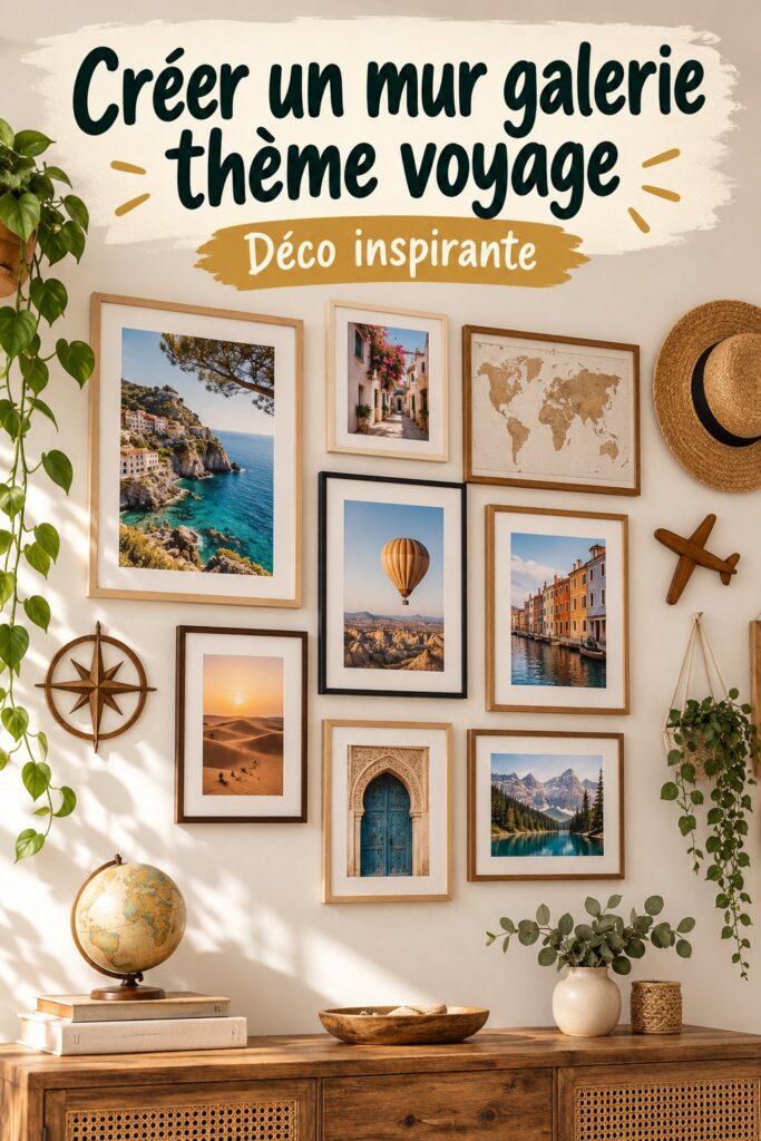 Mur de galerie décoré de souvenirs de voyage avec des photos et accessoires inspirants.