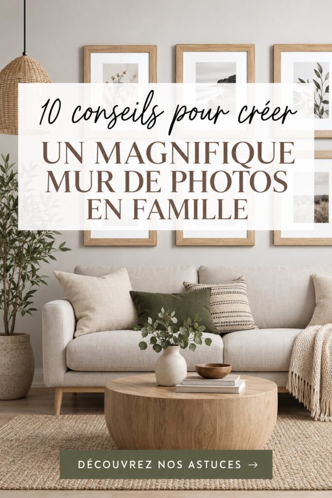 Un mur photo familial bien organisé avec des souvenirs de vacances et d'événements spéciaux.