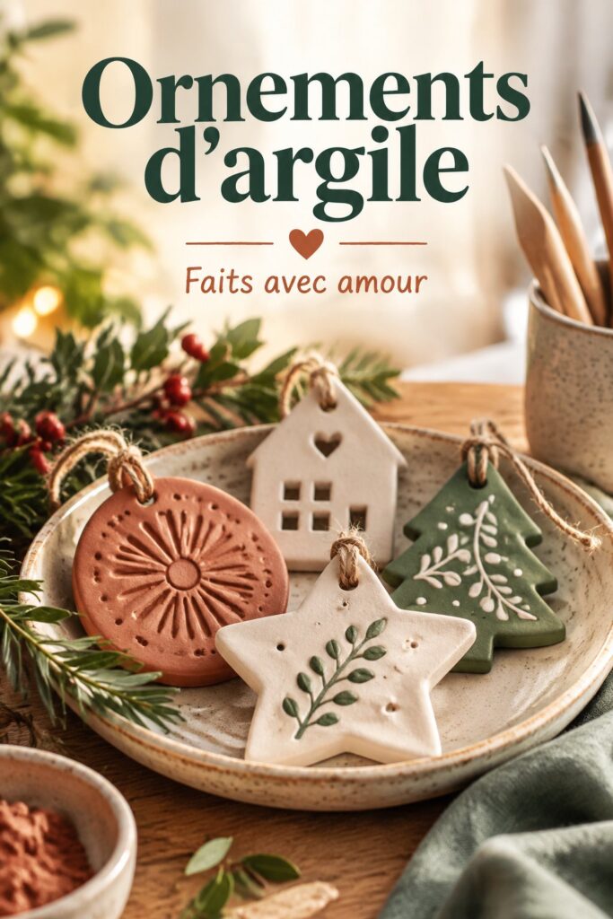 Ornements en argile créatifs disposés sur une table en bois