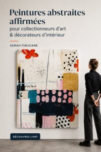 Peinture abstraite audacieuse sur un mur de salon, ajoutant de la couleur et de l'originalité à l'espace.