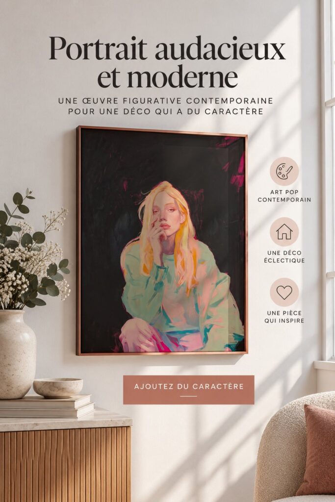 Un portrait moderne impactant orne le mur d'un salon chaleureux