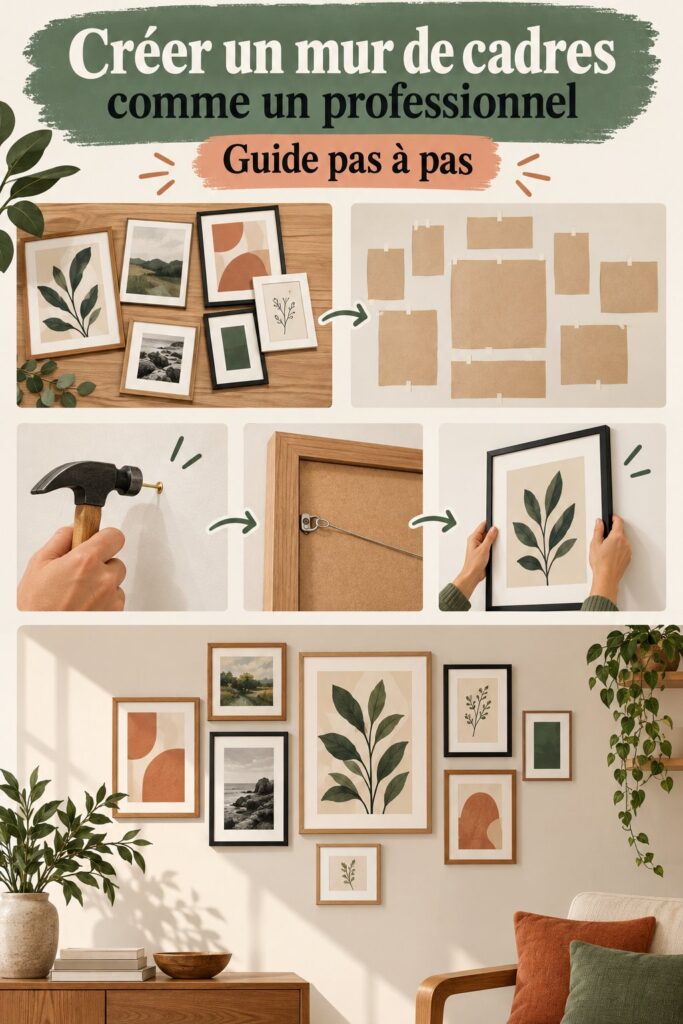 Un mur de photos décoré avec un style moderne et chaleureux, mettant en valeur des souvenirs de famille.