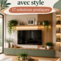 Espace de vie moderne avec un coin TV élégant entouré d'éléments décoratifs.
