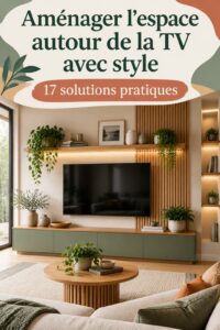 Espace de vie moderne avec un coin TV élégant entouré d'éléments décoratifs.