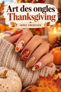 Une belle manucure aux motifs de Thanksgiving avec des feuilles colorées