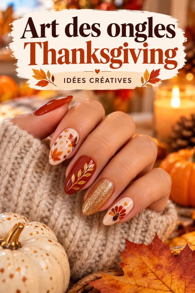 Une belle manucure aux motifs de Thanksgiving avec des feuilles colorées