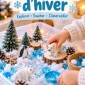 Un bac sensoriel d'hiver rempli de matériaux ludiques et créatifs comme de la fausse neige et des éléments naturels.