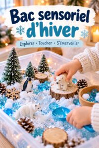 Un bac sensoriel d'hiver rempli de matériaux ludiques et créatifs comme de la fausse neige et des éléments naturels.
