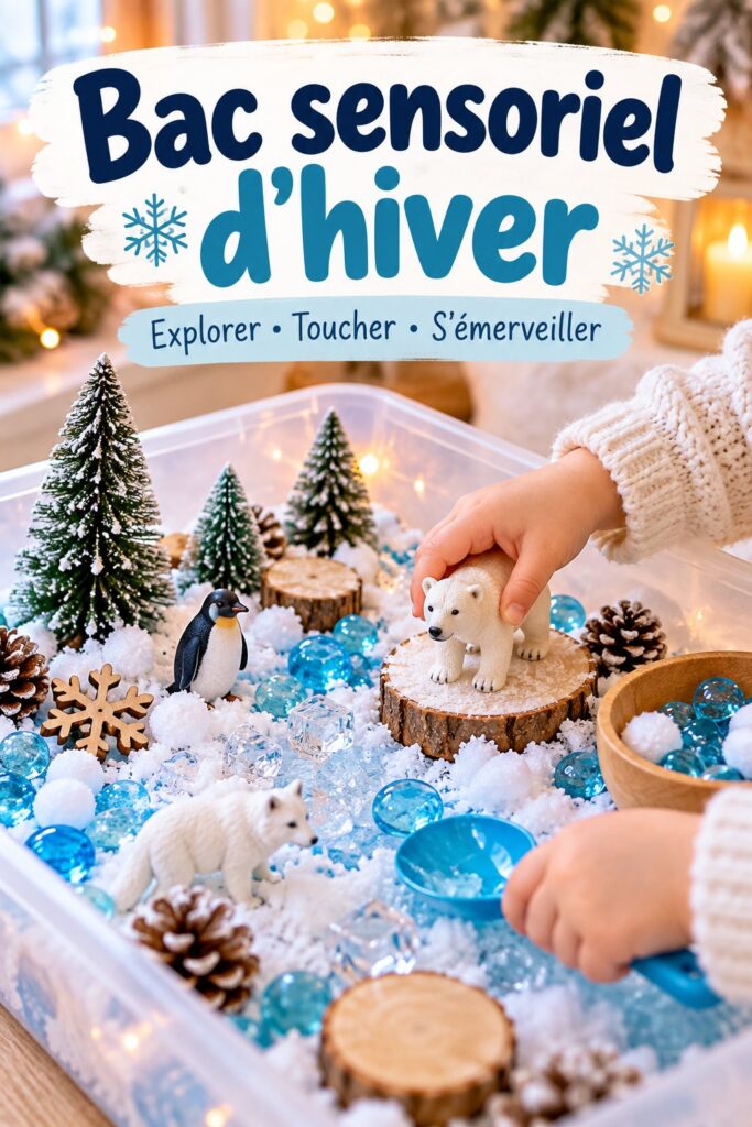 Un bac sensoriel d'hiver rempli de matériaux ludiques et créatifs comme de la fausse neige et des éléments naturels.