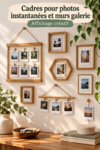 Une collection de cadres décoratifs pour photos Polaroid et Instax sur un mur créatif.