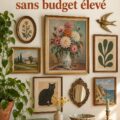 Un mur décoré avec des œuvres d'art vintage variées, montrant des tableaux colorés et des cadres en bois.