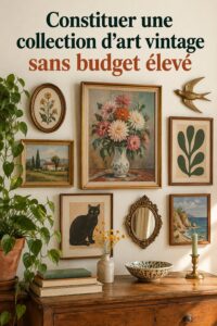 Un mur décoré avec des œuvres d'art vintage variées, montrant des tableaux colorés et des cadres en bois.