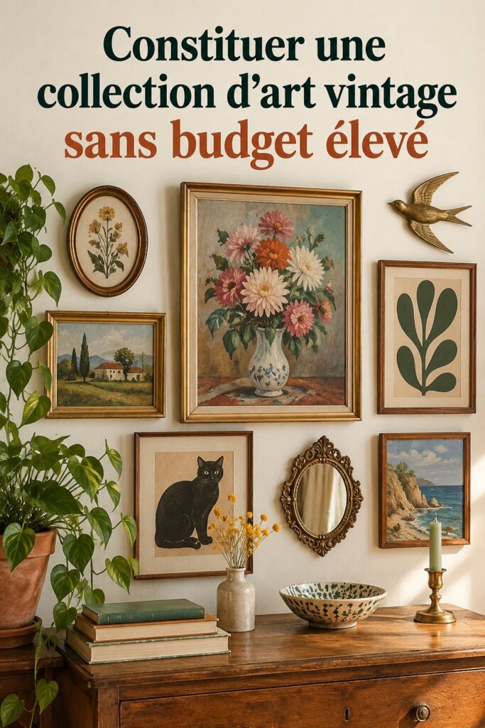 Un mur décoré avec des œuvres d'art vintage variées, montrant des tableaux colorés et des cadres en bois.
