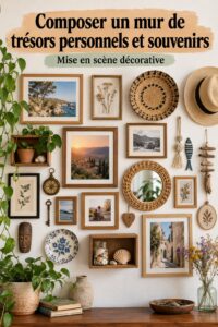 Un mur décoré de trésors personnels et souvenirs, avec des photos, objets artisanaux et souvenirs de voyage.