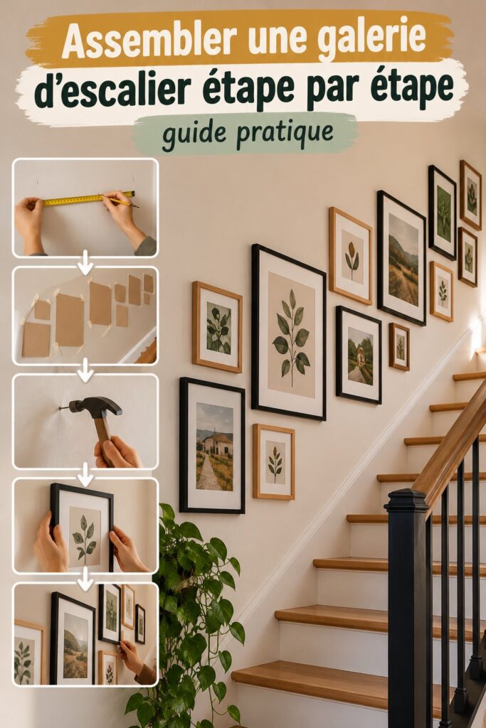Galerie d'escalier décorée avec des œuvres d'art variées.