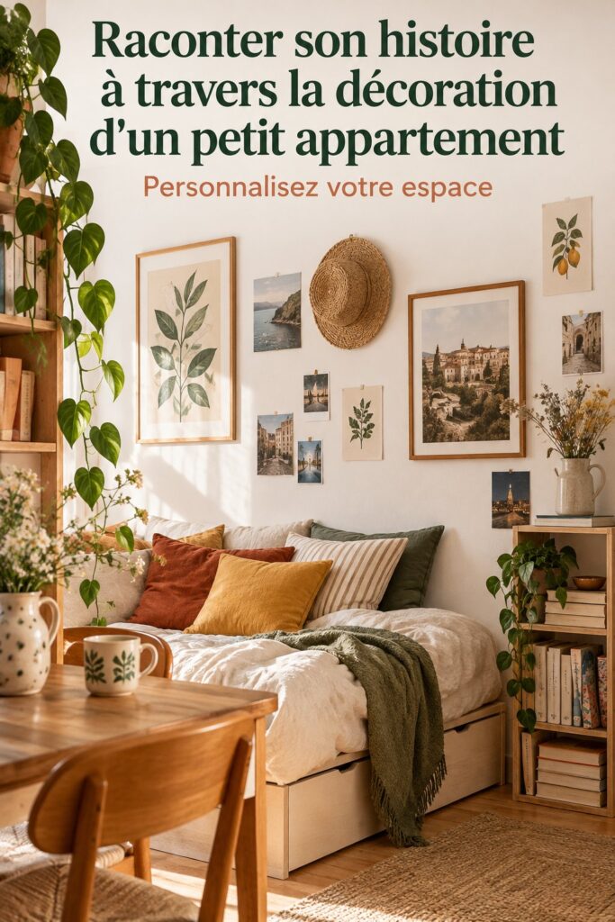 Un petit appartement décoré avec des objets personnels racontant une histoire unique.