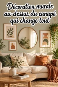 Une décoration murale accueillante au-dessus d'un canapé dans un salon moderne.
