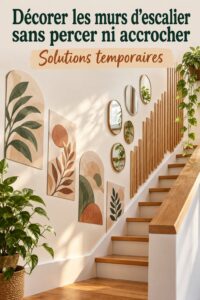 Murs d'escalier décorés de manière créative sans percer, affichant des œuvres d'art et des accents modernes.
