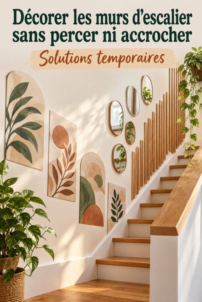 Murs d'escalier décorés de manière créative sans percer, affichant des œuvres d'art et des accents modernes.