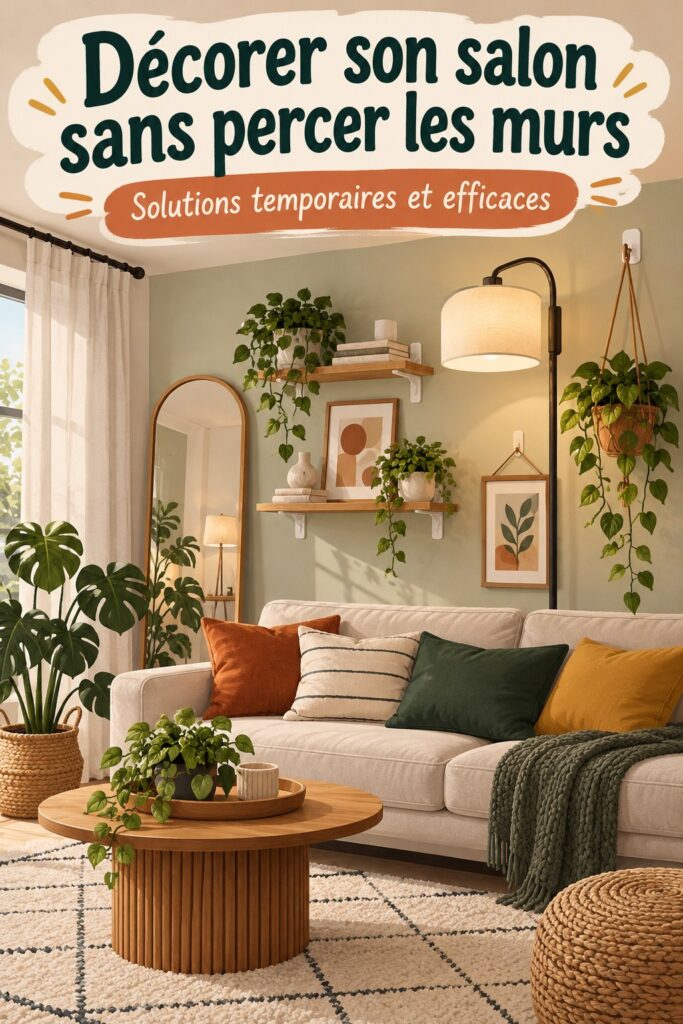 Salon décoré sans percer les murs avec des créations DIY et des éléments suspendus.