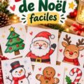 Dessins de Noël faciles réalisés avec des crayons colorés sur une feuille blanche.